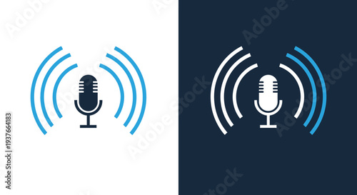 Vector graphic illustration set of a broadcasting microphone icon displaying sound waves for media use