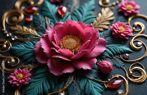 Close up of embossed floral art. Pink flower petals detailed texture with gold swirls and red gems. Lush teal leaves create decorative background. Elegant luxury ornate design.
