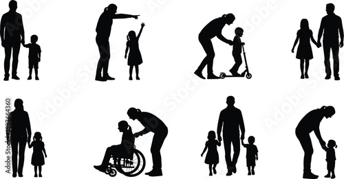 Silhouettes of adults with children, caregiving bonding, teaching guidance, companionship support, expressive posture illustration, family interaction concept