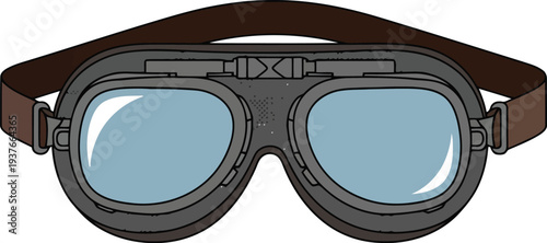 Vintage aviator goggles illustration with brown strap and blue lenses, retro pilot eyewear vector