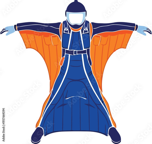 Vector illustration of wingsuit flyer in blue and orange gear for extreme sports and adventure concepts