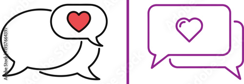 A comprehensive set of minimalist vector icons featuring speech bubbles, hearts, and user profiles in multiple colors, illustrating social media engagement and digital romantic communication.