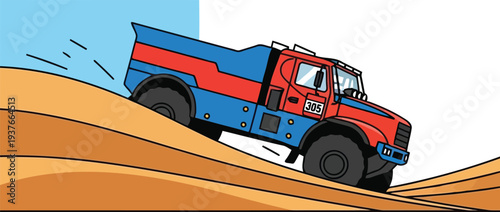Colorful Dump Truck Illustration Driving on Sand Dune in Cartoon Style for Construction Themes