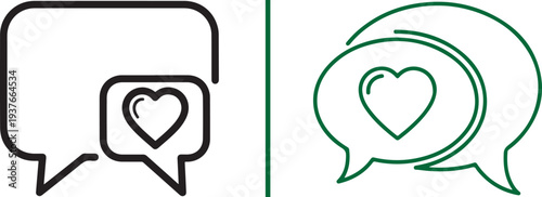 A diverse set of minimalist vector icons featuring speech bubbles, heart symbols, and user profiles in various colors, illustrating social media likes and digital romantic communication.