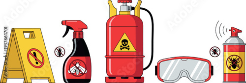 Pest Control Equipment Set with Insecticide Spray, Exterminator Tank, Protective Goggles and Warning Sign Vector Illustration Collection