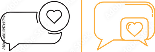 A comprehensive set of minimalist vector icons featuring speech bubbles, heart symbols, and user profiles in diverse colors and line styles, representing digital romance and social connection.