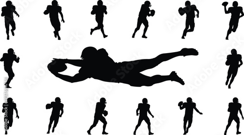 Silhouettes of American football players, dynamic action poses, catching ball, running, throwing, sports illustration, athletic movement, competitive game concept