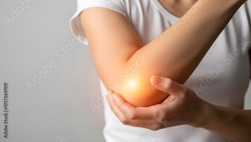 Elbow joint pain and arm inflammation symptoms. Orthopedic healthcare and injury recovery. Woman holding her painful elbow with a glowing red highlight on the skin