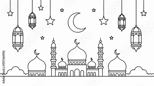 Ramadan mosque illustration with crescent moon stars and lanterns islamic architecture background