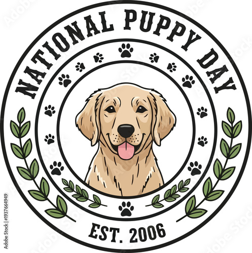 National Puppy Day badge with golden retriever illustration, paw prints, and laurel wreath vector design