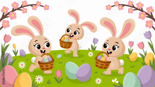 Three cute cartoon bunnies with baskets collecting easter eggs on colorful spring grass with flowers and blossoms