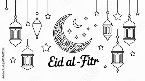 Eid al fitr celebration with crescent moon lanterns and stars on white background for islamic holiday greeting cards
