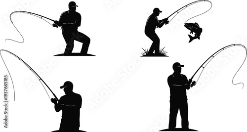 Silhouettes of people fishing, anglers with rods, catching fish action, recreational outdoor activity, expressive posture illustration concept