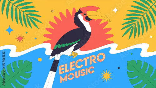 Vibrant tropical bird standing on wave with electro music text surrounded by palm leaves and sunny background