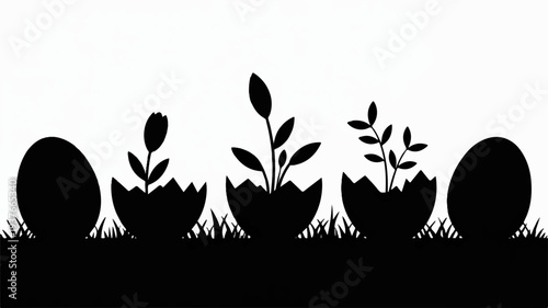Black silhouette of eggs with plants growing out on grass with white background symbolizing new life and nature