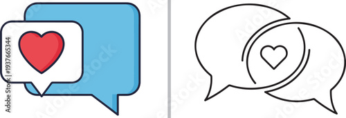 A comprehensive set of minimalist vector icons featuring speech bubbles, hearts, and user profiles in various colors, illustrating digital romance, social media engagement, and connection.