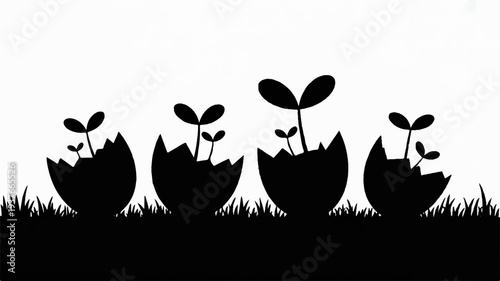 Black silhouettes of seedlings emerging from cracked eggs on grassy ground symbolizing new life and growth