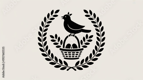 Black silhouette bird sitting on wicker basket with eggs surrounded by laurel wreath on gray background