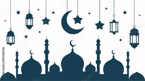Ramadan kareem background with mosque silhouette crescent moon stars and lanterns hanging down creating a peaceful and festive atmosphere for islamic holidays and celebrations