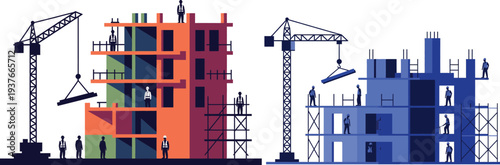 Flat vector silhouette illustration of building construction site with cranes