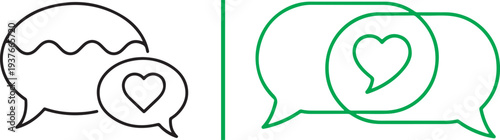 A comprehensive collection of minimalist vector icons featuring speech bubbles, hearts, and user profiles in various colors, illustrating digital romance, social media engagement, and connection.