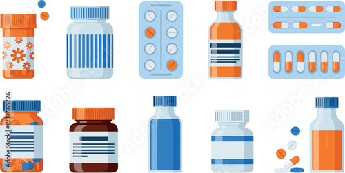 Pharmaceutical Medicine Bottles and Blister Packs Set with Pills, Capsules and Prescription Drugs Vector Illustration Collection