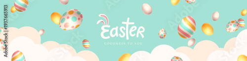 Happy easter banner background with colored easter eggs falling down from the sky.