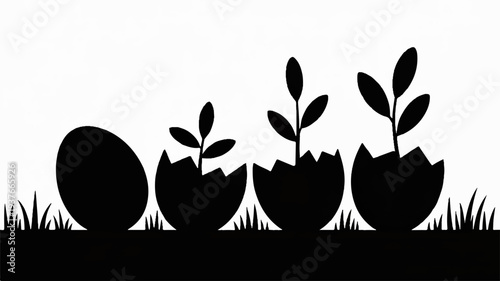 Black silhouettes of four eggs with plants growing out on grassy ground symbolizing growth and new life in a simple white background