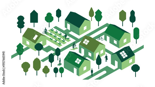 Isometric green eco friendly neighborhood village with houses and trees