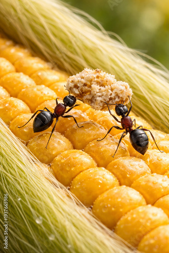 Ant teamwork carrying breadcrumb on corn cob macro photography cooperation concept