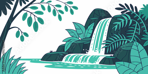 A serene waterfall surrounded by lush greenery Vector