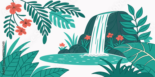 A waterfall in a tropical forest with red flowers Vector