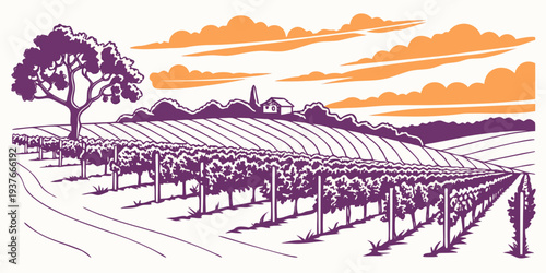 A purple illustration of a vineyard at sunset Vector