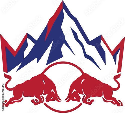 Two Red Bulls Fighting Under Blue Mountain Peak for Sports and Adventure Branding