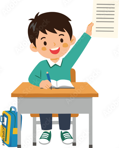 Student writing assignment at desk, holding paper, smiling learning activity, academic achievement, cartoon classroom illustration, positive childhood education
