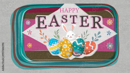 Happy Easter greeting card, poster, label or banner hand drawn transparency and overlap from risograph defect printing on old roneo paper background.