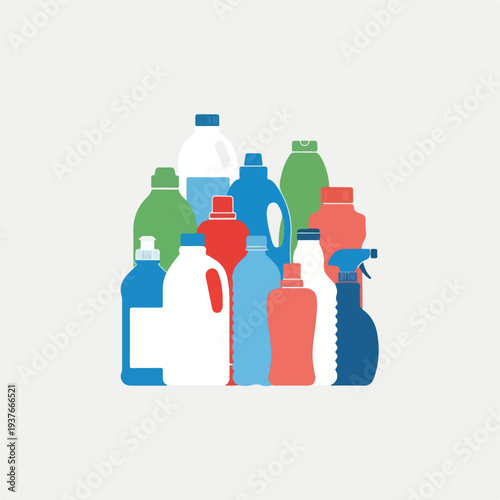 Cleaning supplies bottles in different colors and shapes