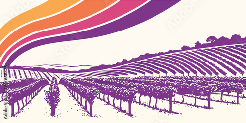 A purple illustration of a vineyard with a colorful wave Vector