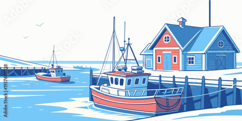 A red fishing boat docked next to a small house by the water Vector