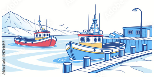 Boats are docked at a snowy harbor Vector
