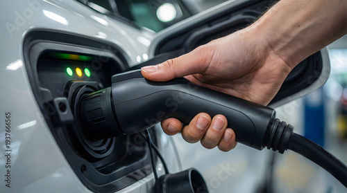 Close-up of a hand plugging an EV charging connector into an electric vehicle, observed by a cute AI robot near LED indicators.