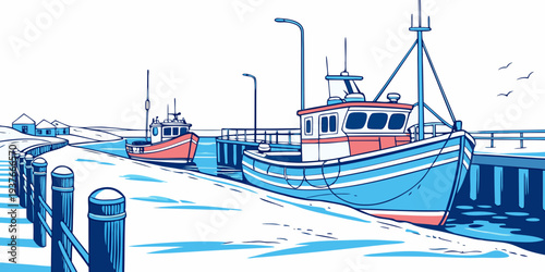 A blue and red boat sitting on a dock Vector