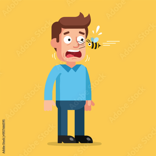 Man getting stung by a bee with a shocked expression