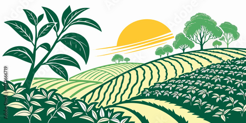 A green field with a palm tree and trees at sunset Vector