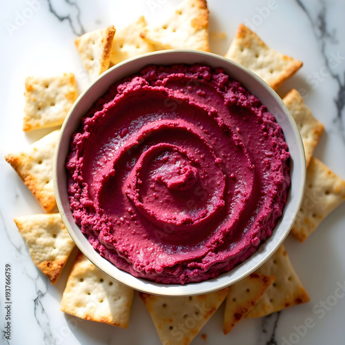 Minimalist Beetroot Hummus with Pita Chips on Marble in Natural Light