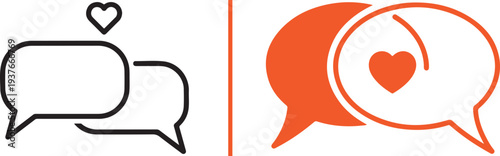 Minimalist vector icon set featuring speech bubbles with hearts, user silhouettes, and data exchange symbols in black and deep red, representing romantic digital dialogue and social connection.