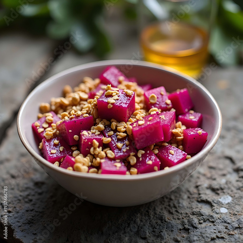 Minimalist Dragon Fruit Bowl with Granola on Stone in Natural Light
