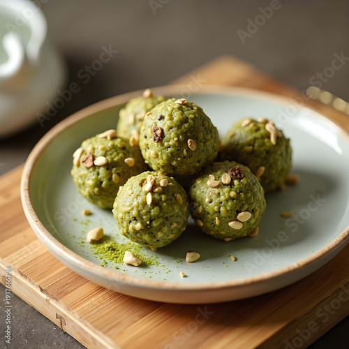 Minimalist Matcha Energy Balls on Bamboo in Natural Light