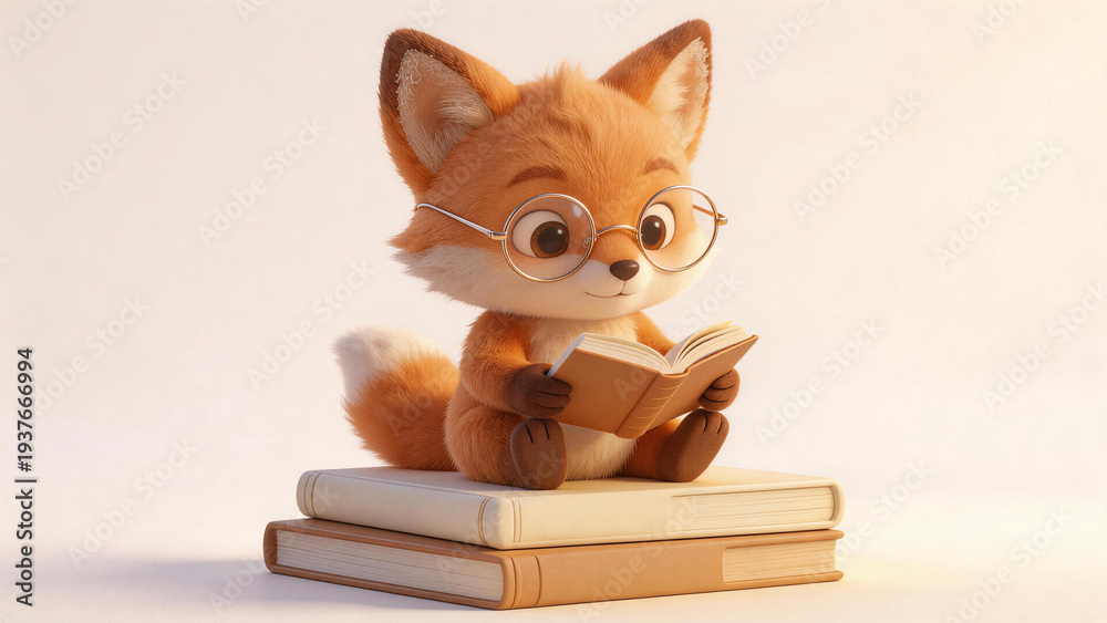 Obraz premium 3D rendering of an adorable baby fox wearing glasses, reading a book while sitting on stacked books. The scene is minimalist with a white background, emphasizing the cute and educational character.