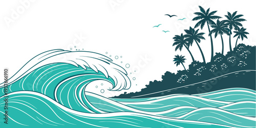 A tropical island with palm trees and a large wave Vector